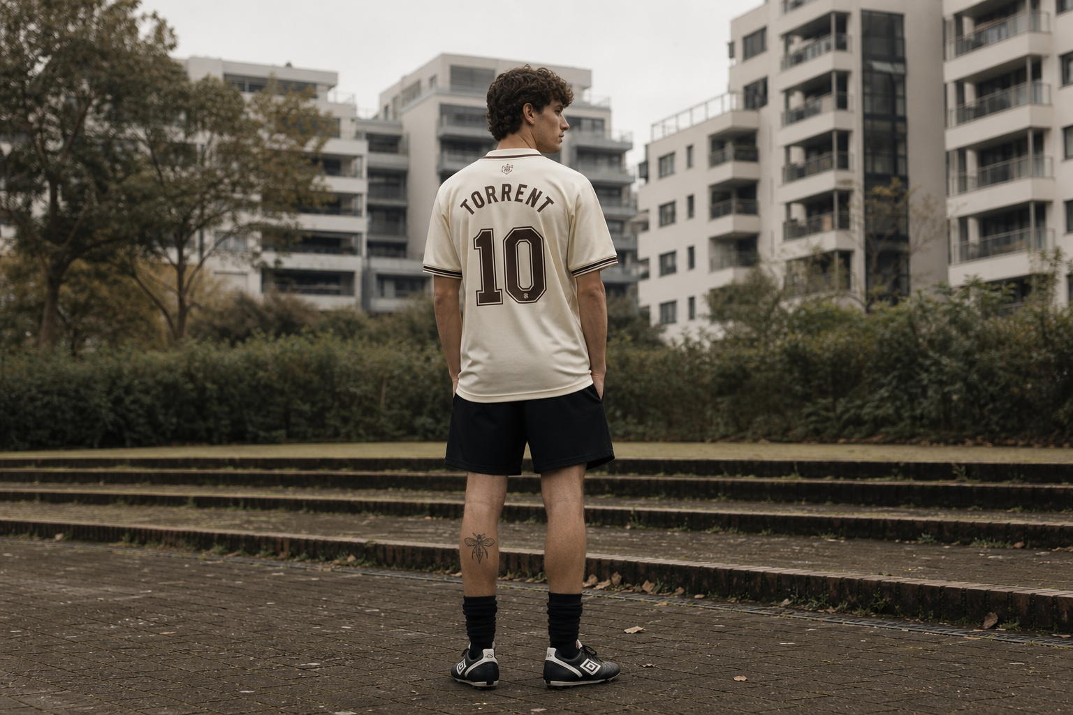 Model wearing retro football jersey in stadium