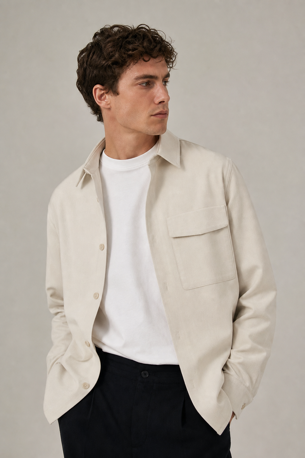 Male model in cream overshirt
