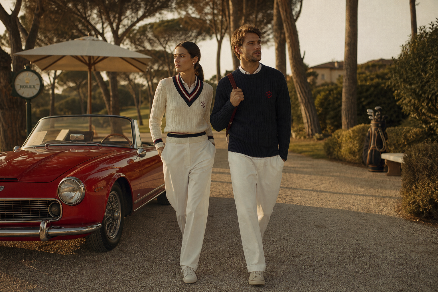 Man and woman in cream tennis sweaters beside a vintage convertible