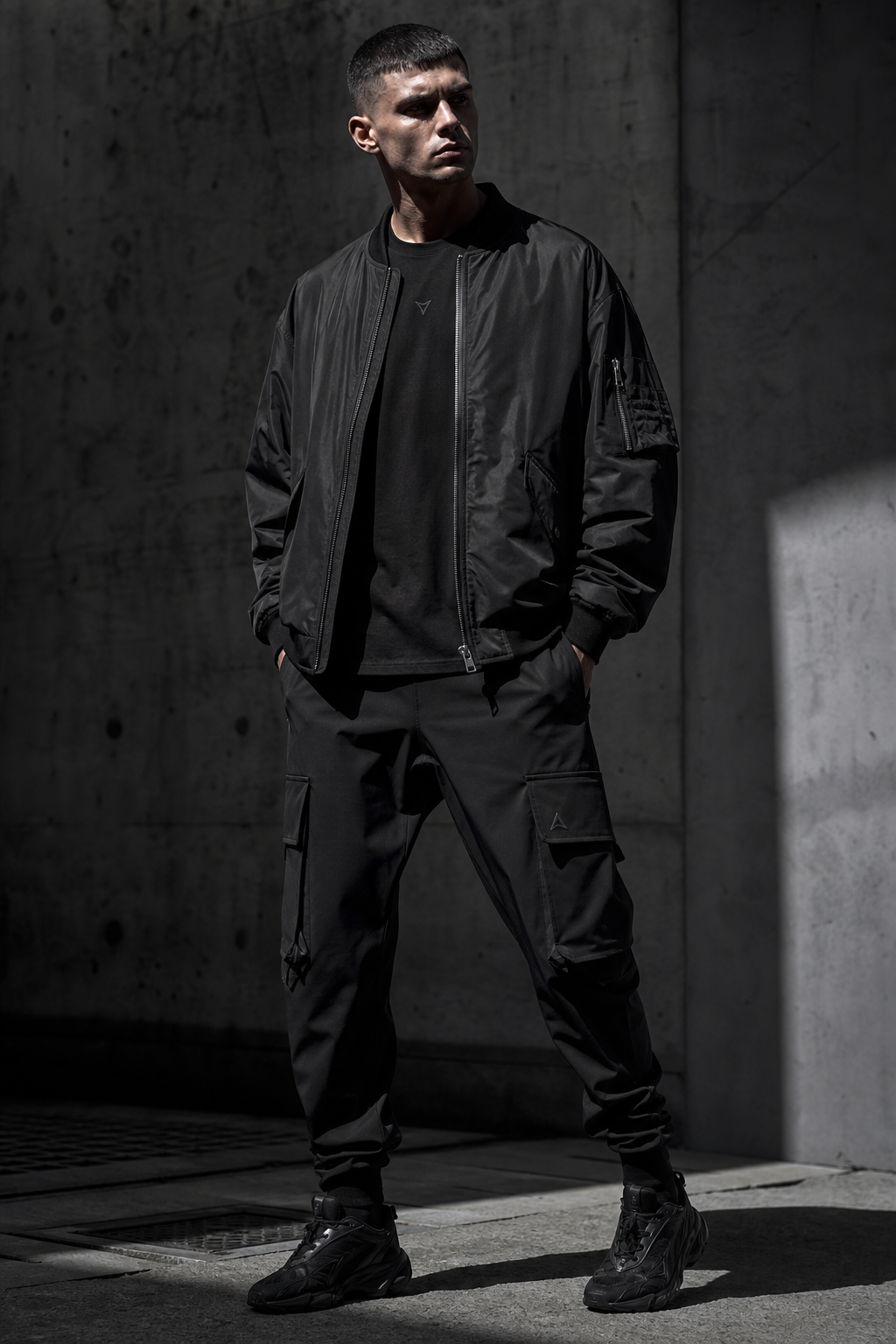 Male model in black athletic bomber jacket