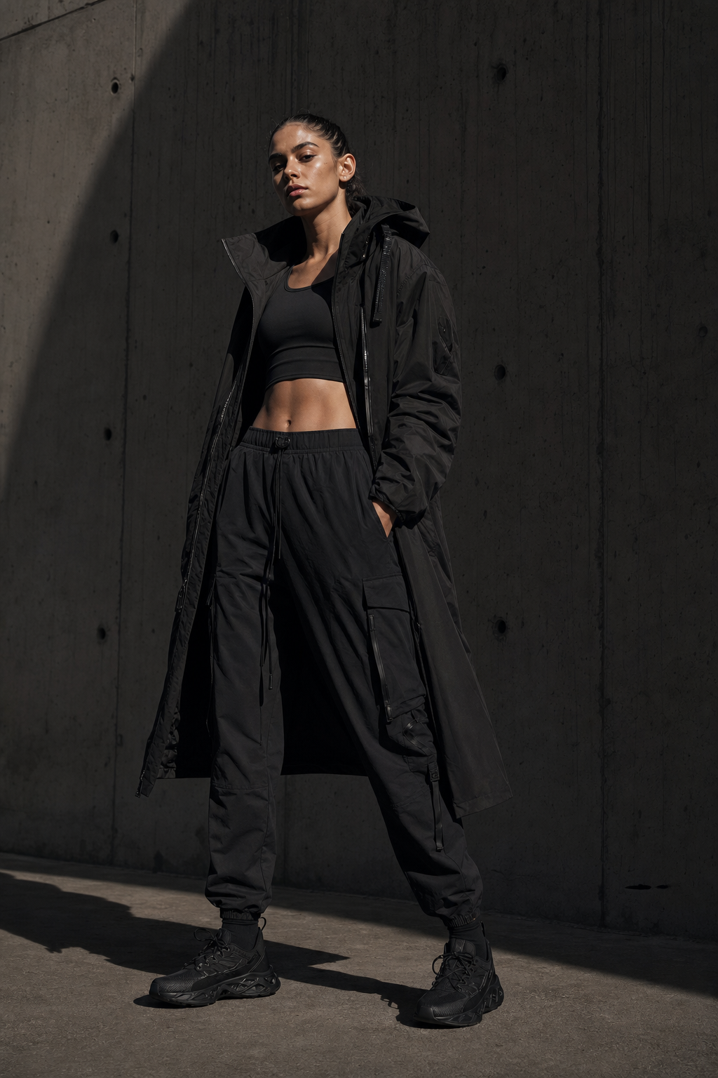 Female model in black oversized parka