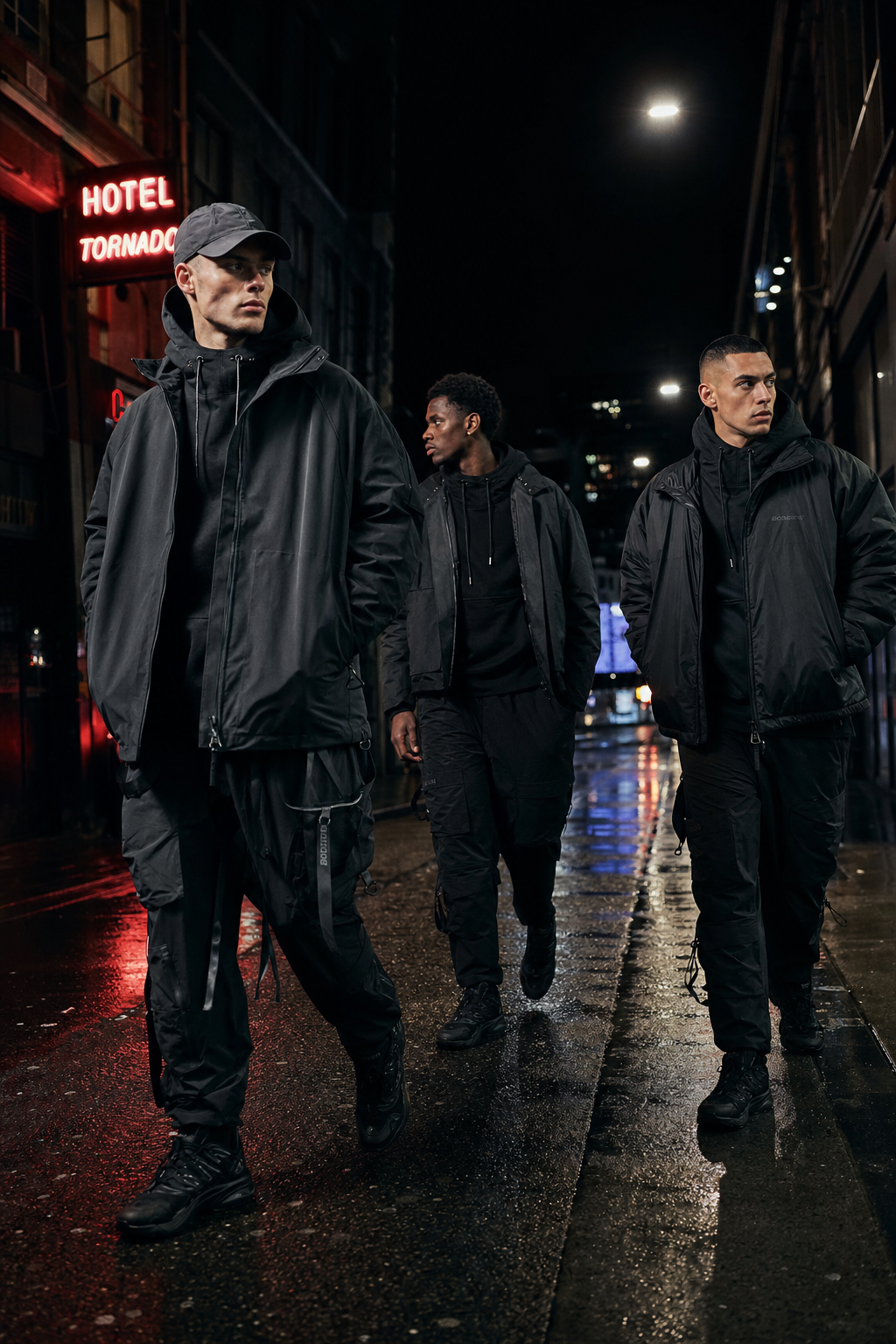Three young men in black athletic streetwear walking through a neon-lit urban street at night