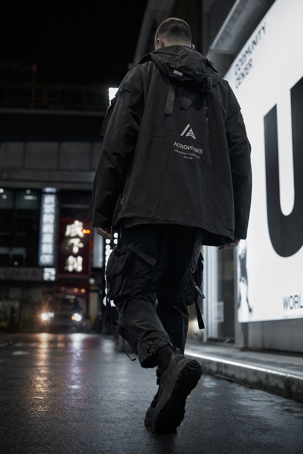 Streetwear crew walking a neon-lit street