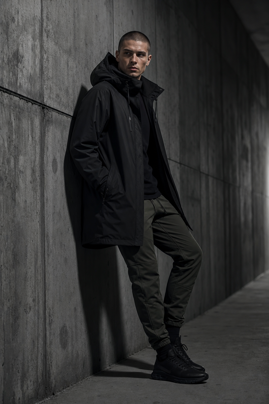 Solo editorial portrait in a concrete corridor